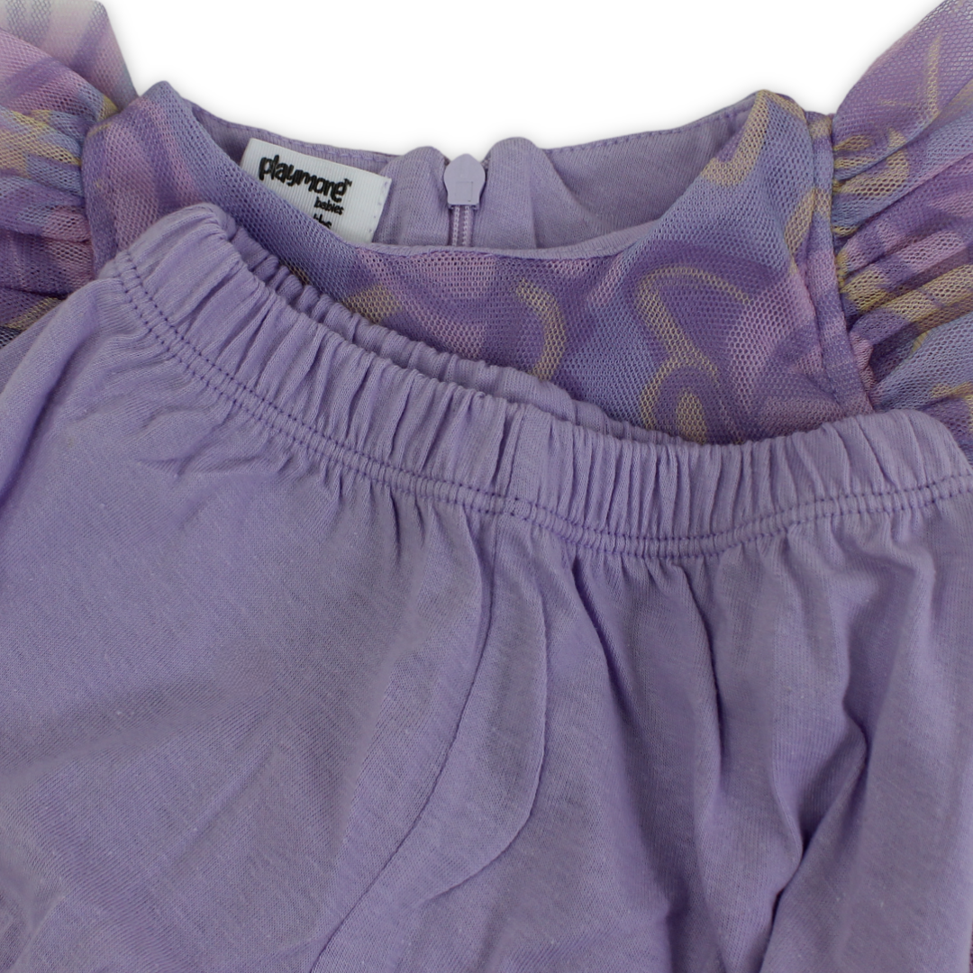 Baby Girls Tulle Sleeveless Dress – Purple with Flowers Print