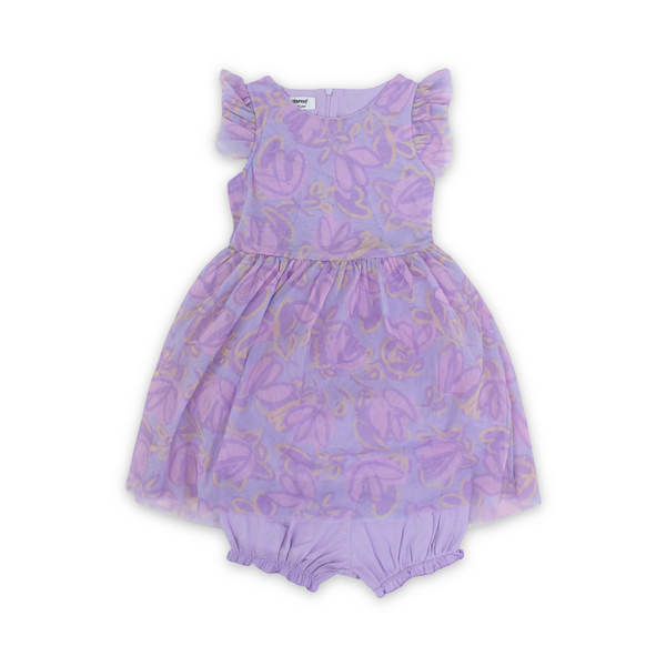 Baby Girls Tulle Sleeveless Dress – Purple with Flowers Print