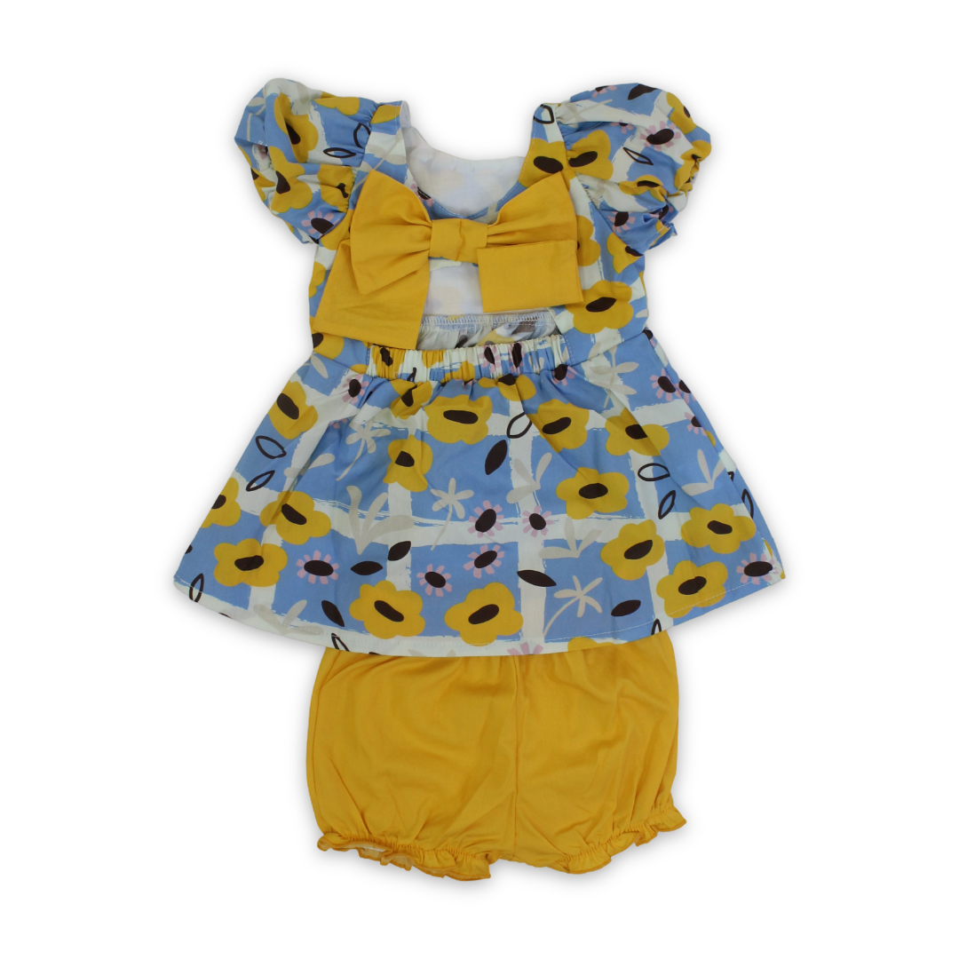 Baby Girls Cotton Sleeveless Dress – Baby Blue & Yellow with Flowers Print