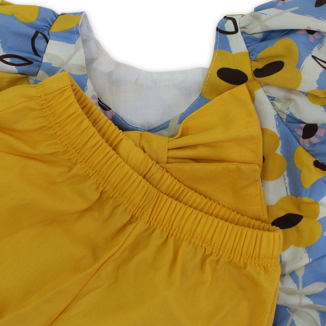 Baby Girls Cotton Sleeveless Dress – Baby Blue & Yellow with Flowers Print