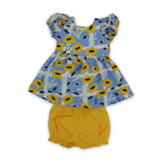 Baby Girls Cotton Sleeveless Dress – Baby Blue & Yellow with Flowers Print