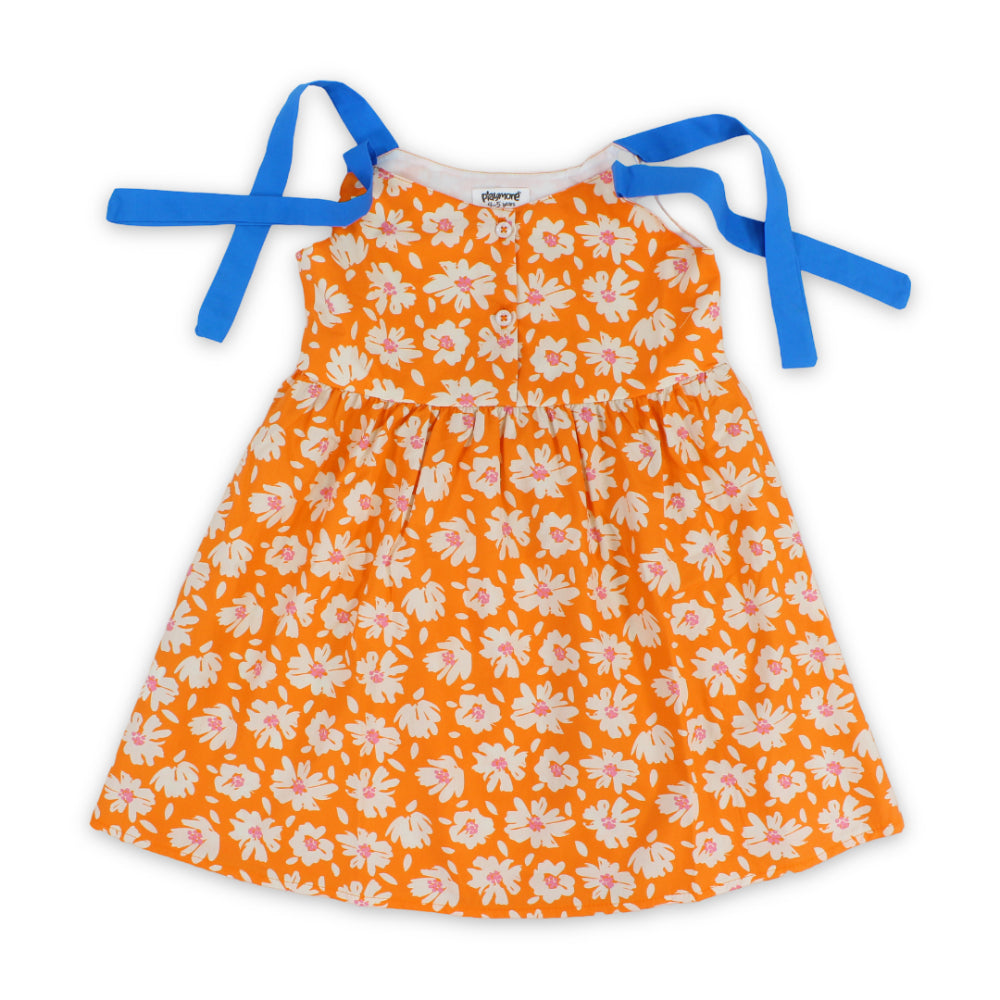 Girls Cotton Dress – Orange with Flowers Print