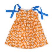 Girls Cotton Dress – Orange with Flowers Print