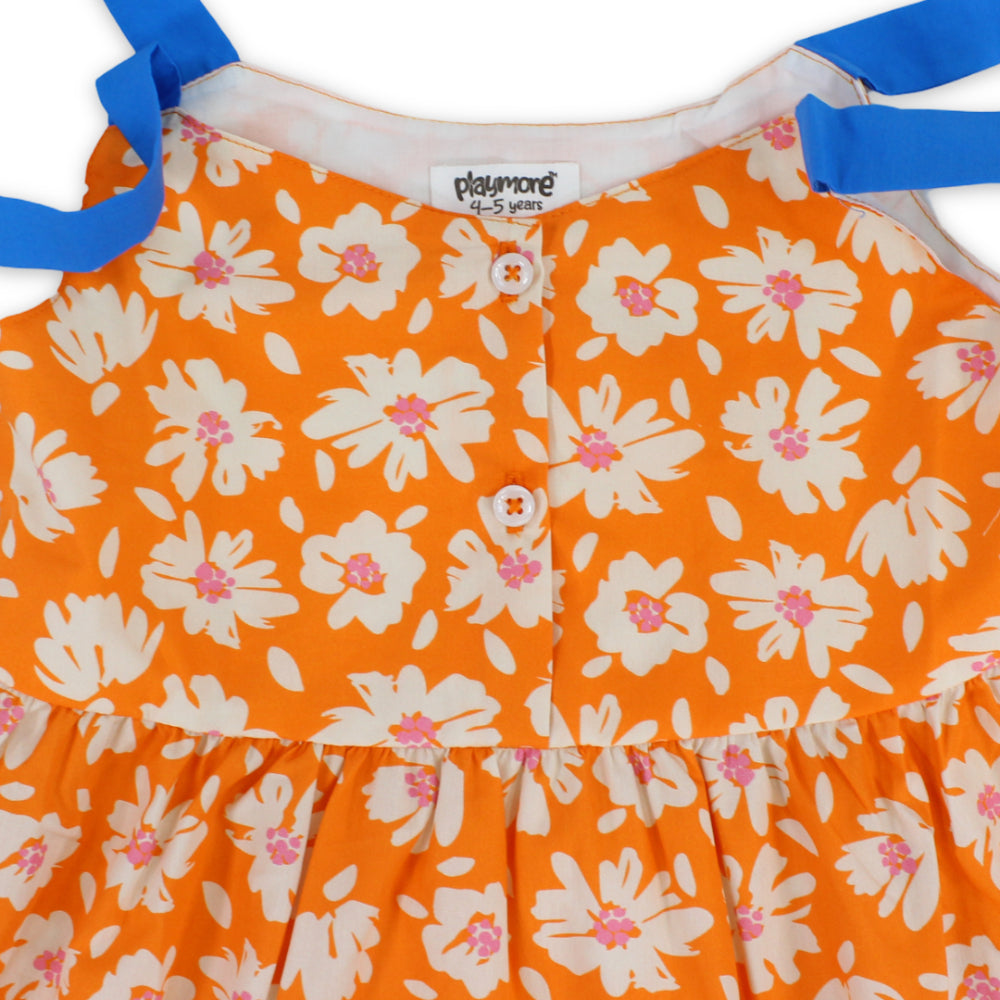 Girls Cotton Dress – Orange with Flowers Print