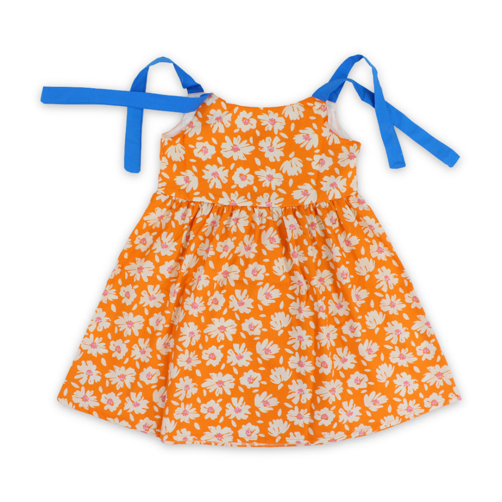 Girls Cotton Dress – Orange with Flowers Print