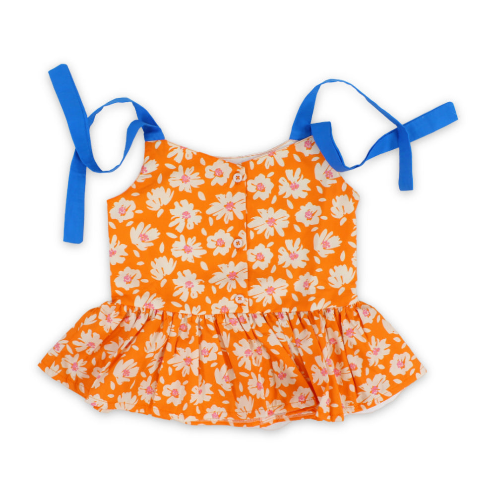Girls Cotton Blouse – Orange with Flowers Print