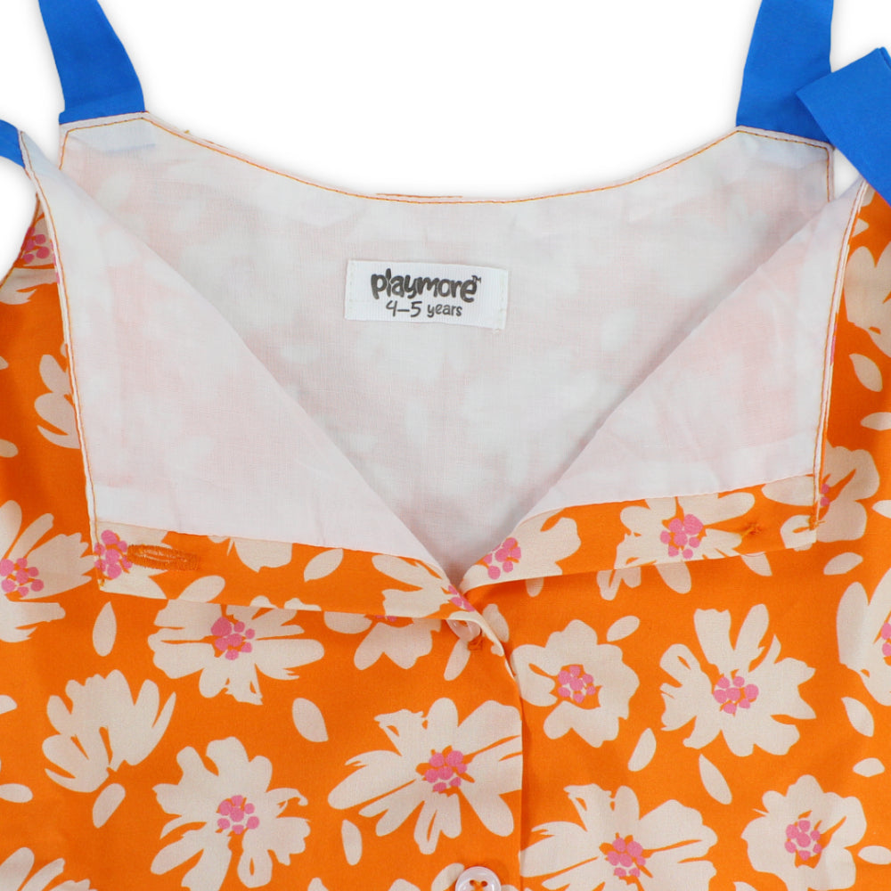Girls Cotton Blouse – Orange with Flowers Print