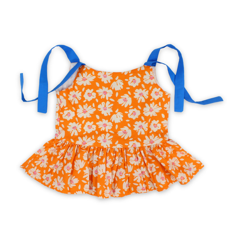 Girls Cotton Blouse – Orange with Flowers Print