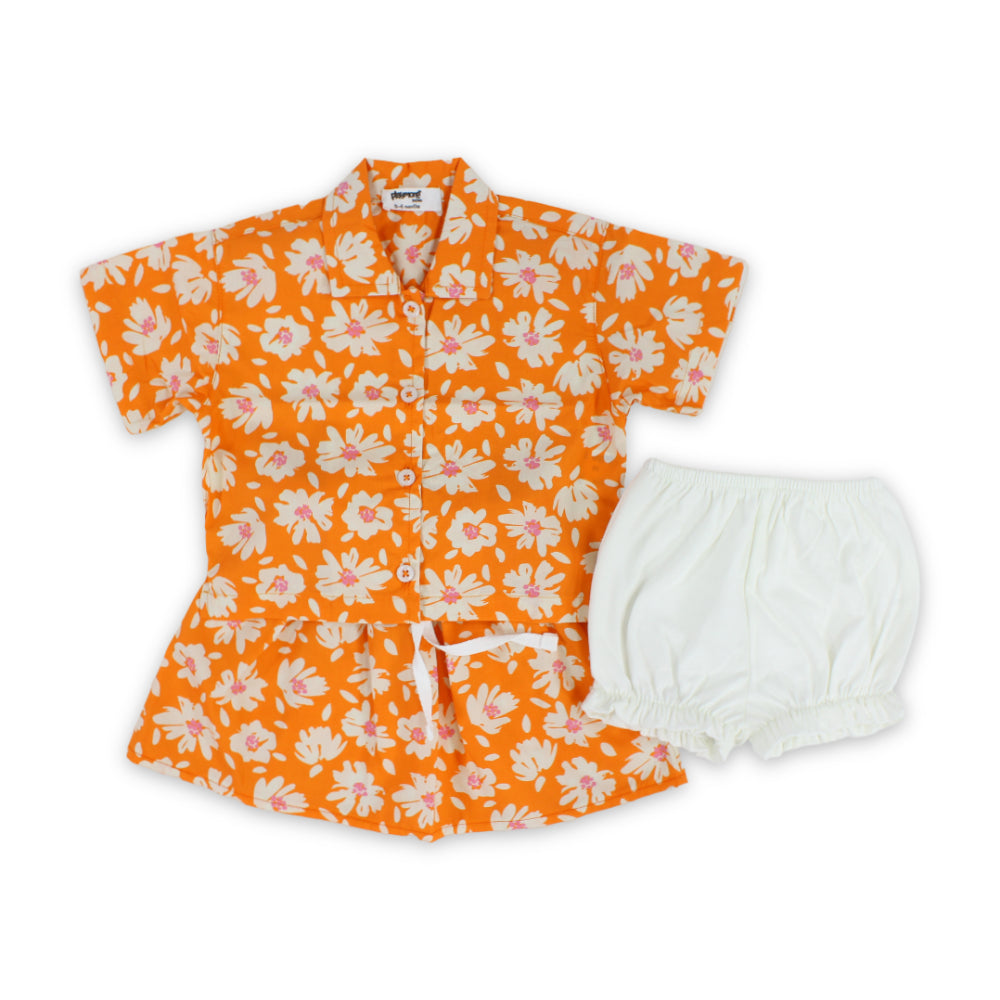 Baby Girls Cotton Outfit Set – Orange with Flowers Print