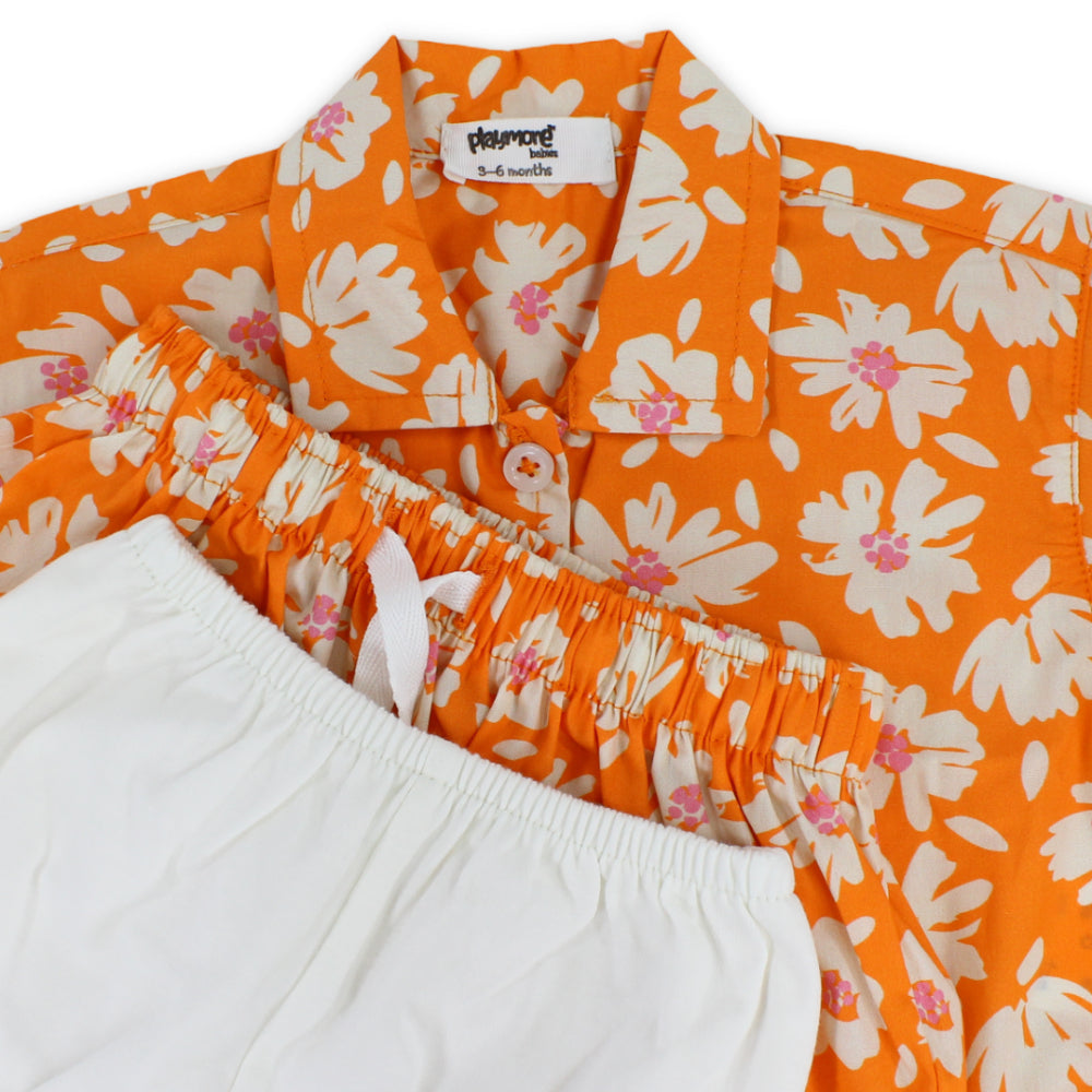 Baby Girls Cotton Outfit Set – Orange with Flowers Print