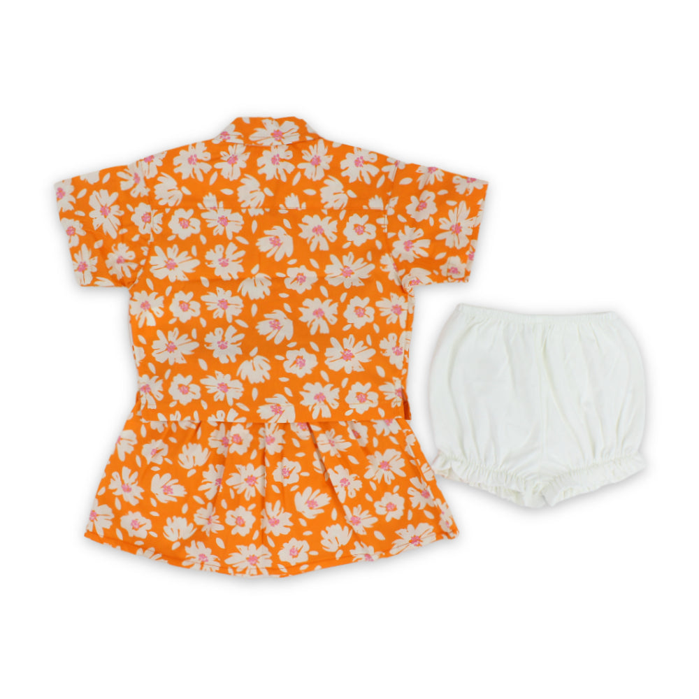 Baby Girls Cotton Outfit Set – Orange with Flowers Print