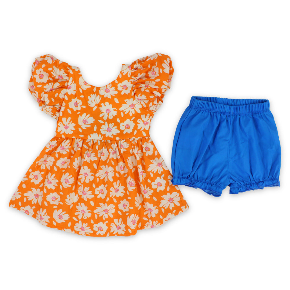 Baby Girls Cotton Dress – Orange with Flowers Print