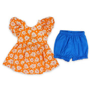 Baby Girls Cotton Dress – Orange with Flowers Print