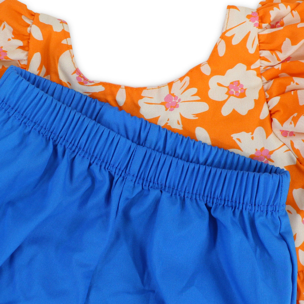 Baby Girls Cotton Dress – Orange with Flowers Print