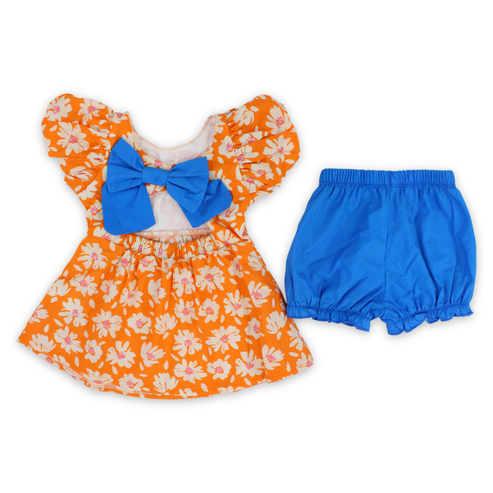 Baby Girls Cotton Dress – Orange with Flowers Print