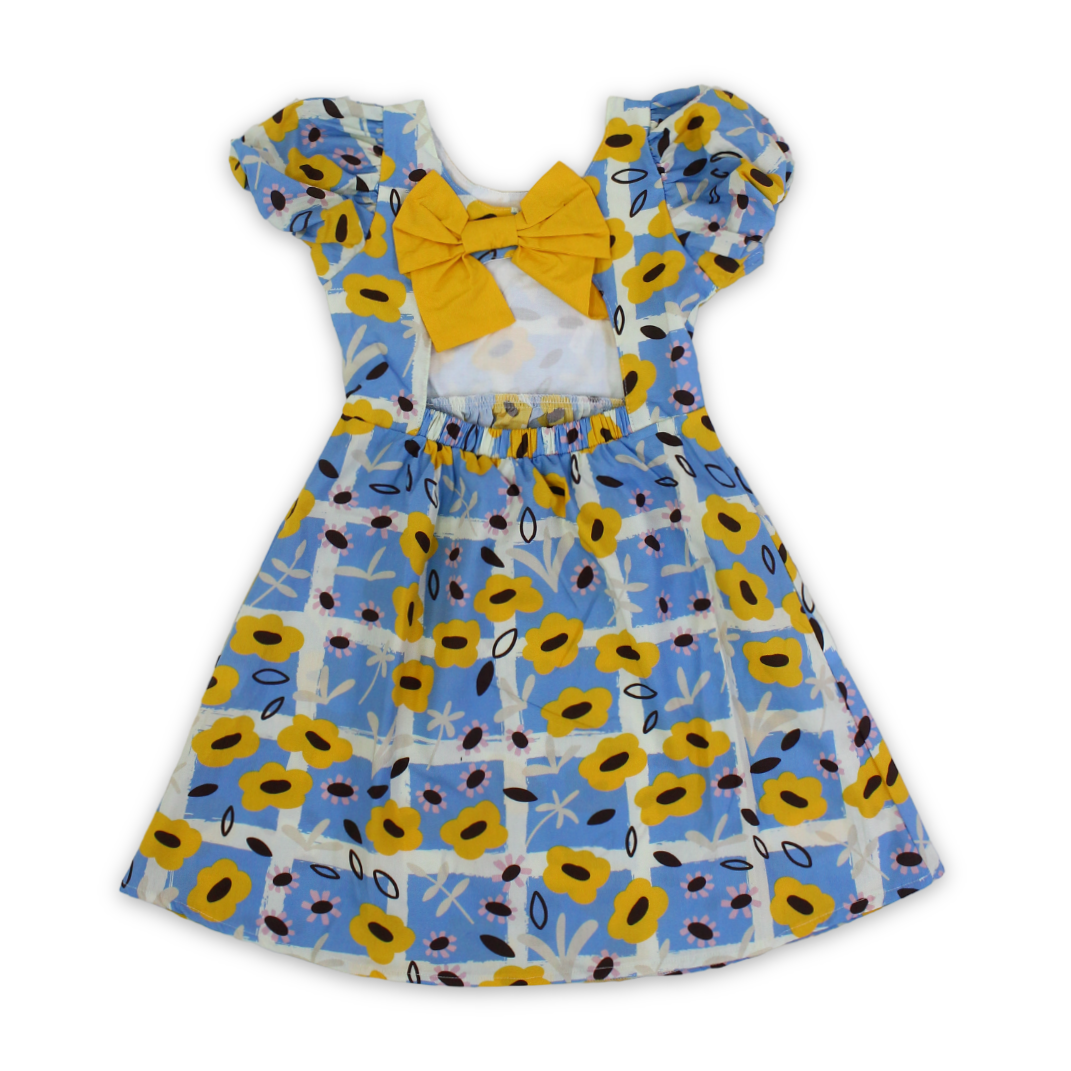 Girls Cotton Dress – Baby Blue with Flora Print