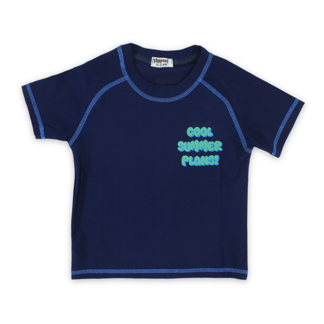 Boys Short Sleeve Rash Guard – Navy with "Cool Summer Plans!" Print
