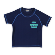 Boys Short Sleeve Rash Guard – Navy with "Cool Summer Plans!" Print