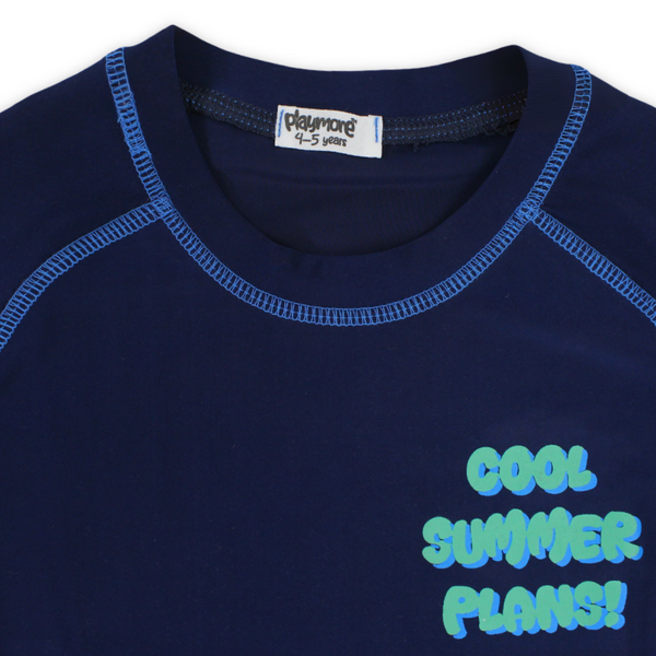 Boys Short Sleeve Rash Guard – Navy with "Cool Summer Plans!" Print