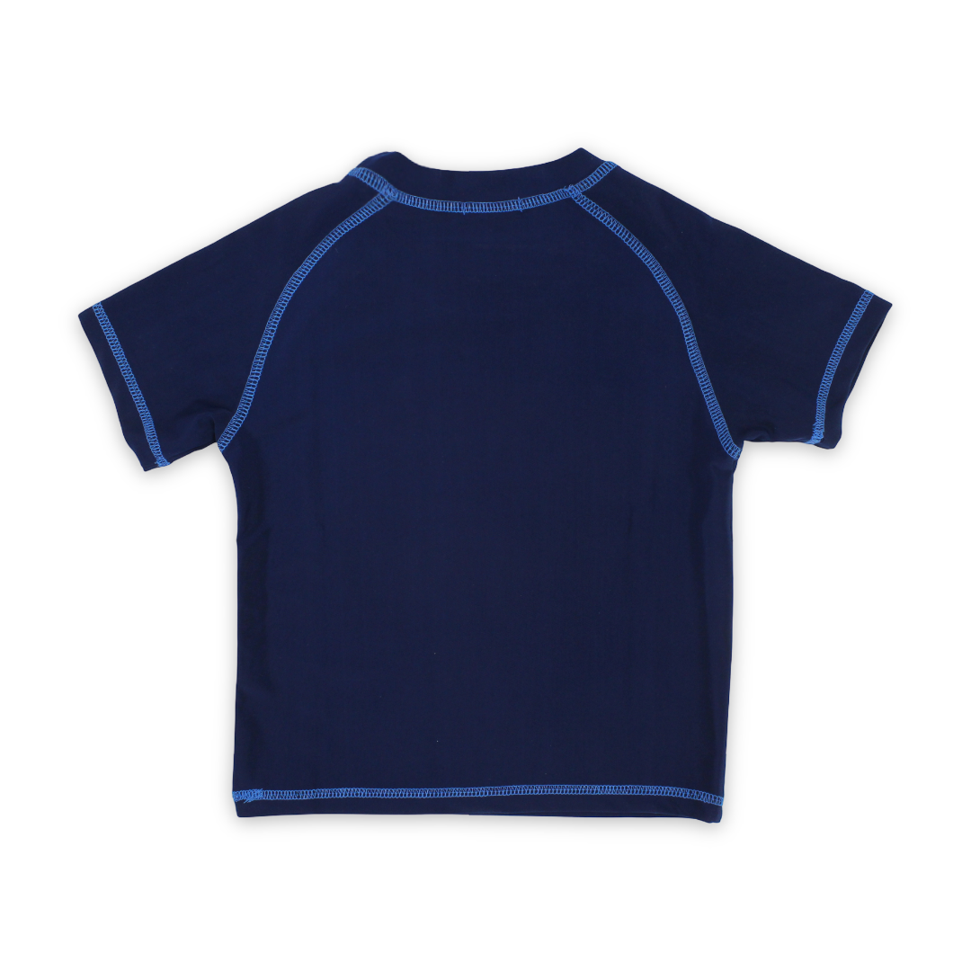 Boys Short Sleeve Rash Guard – Navy with "Cool Summer Plans!" Print
