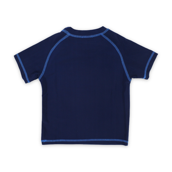 Boys Short Sleeve Rash Guard – Navy with "Cool Summer Plans!" Print