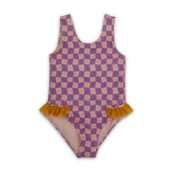 Girls Checkered One-Piece Swimsuit – Dusty Pink & Purple
