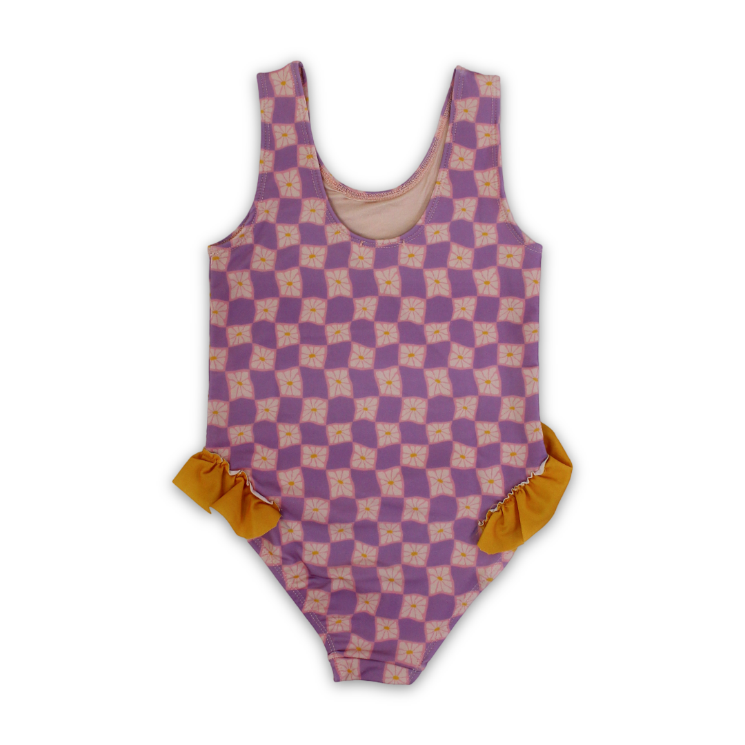 Girls Checkered One-Piece Swimsuit – Dusty Pink & Purple