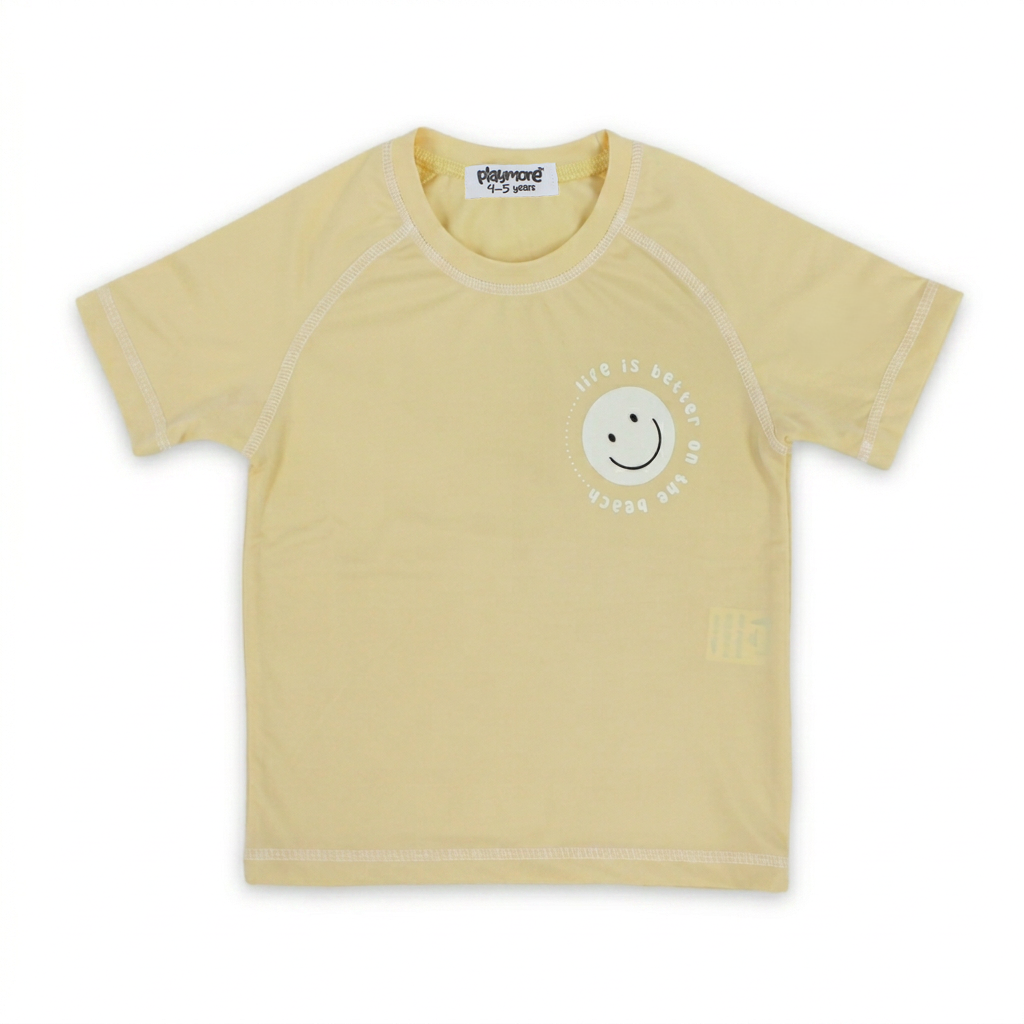 Boys Short Sleeve Rash Guard – Beige with "Life is Better On The Beach" Print