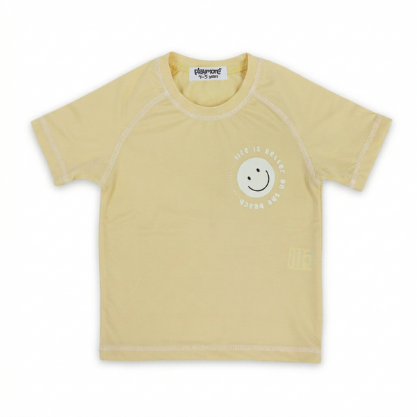 Boys Short Sleeve Rash Guard – Beige with "Life is Better On The Beach" Print