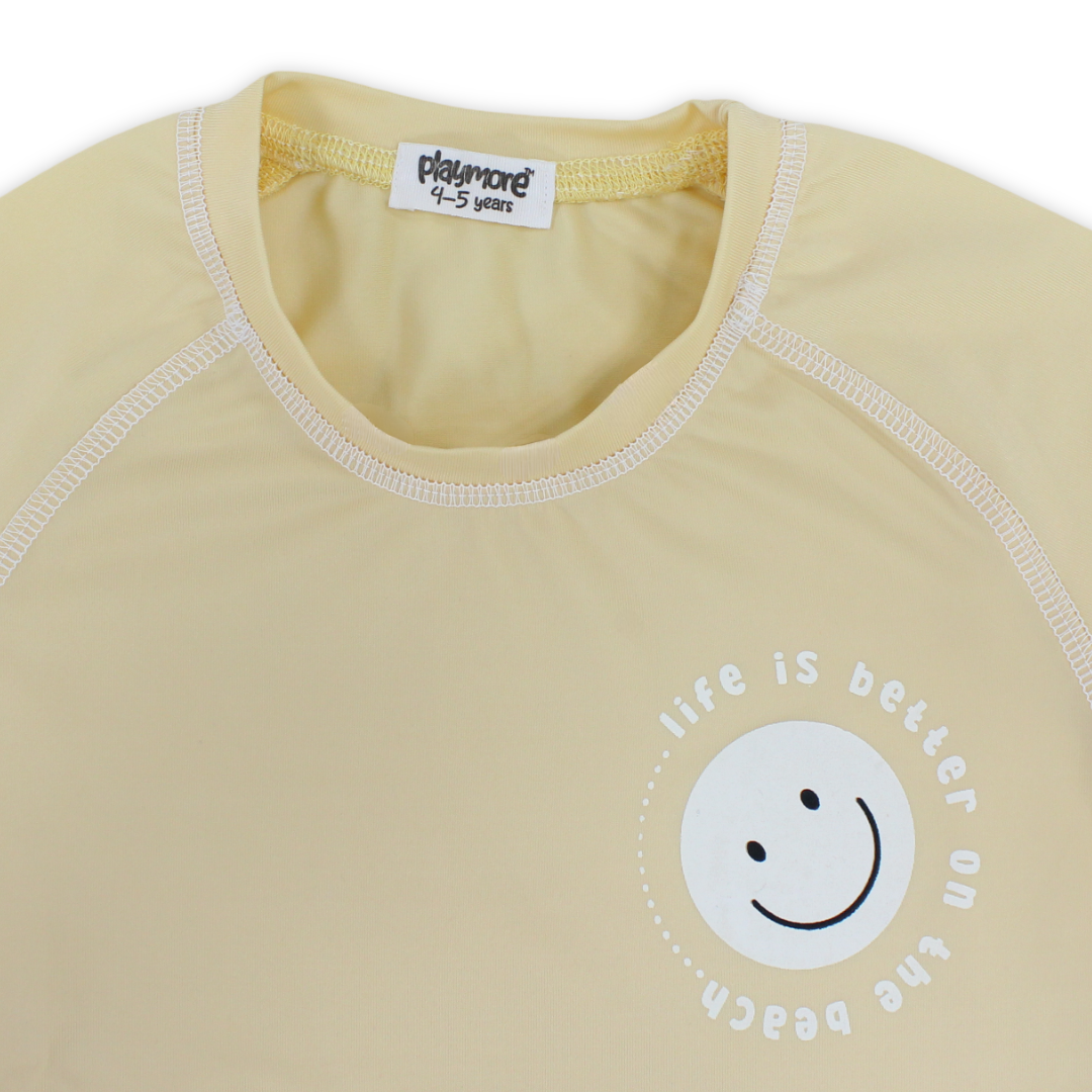 Boys Short Sleeve Rash Guard – Beige with "Life is Better On The Beach" Print