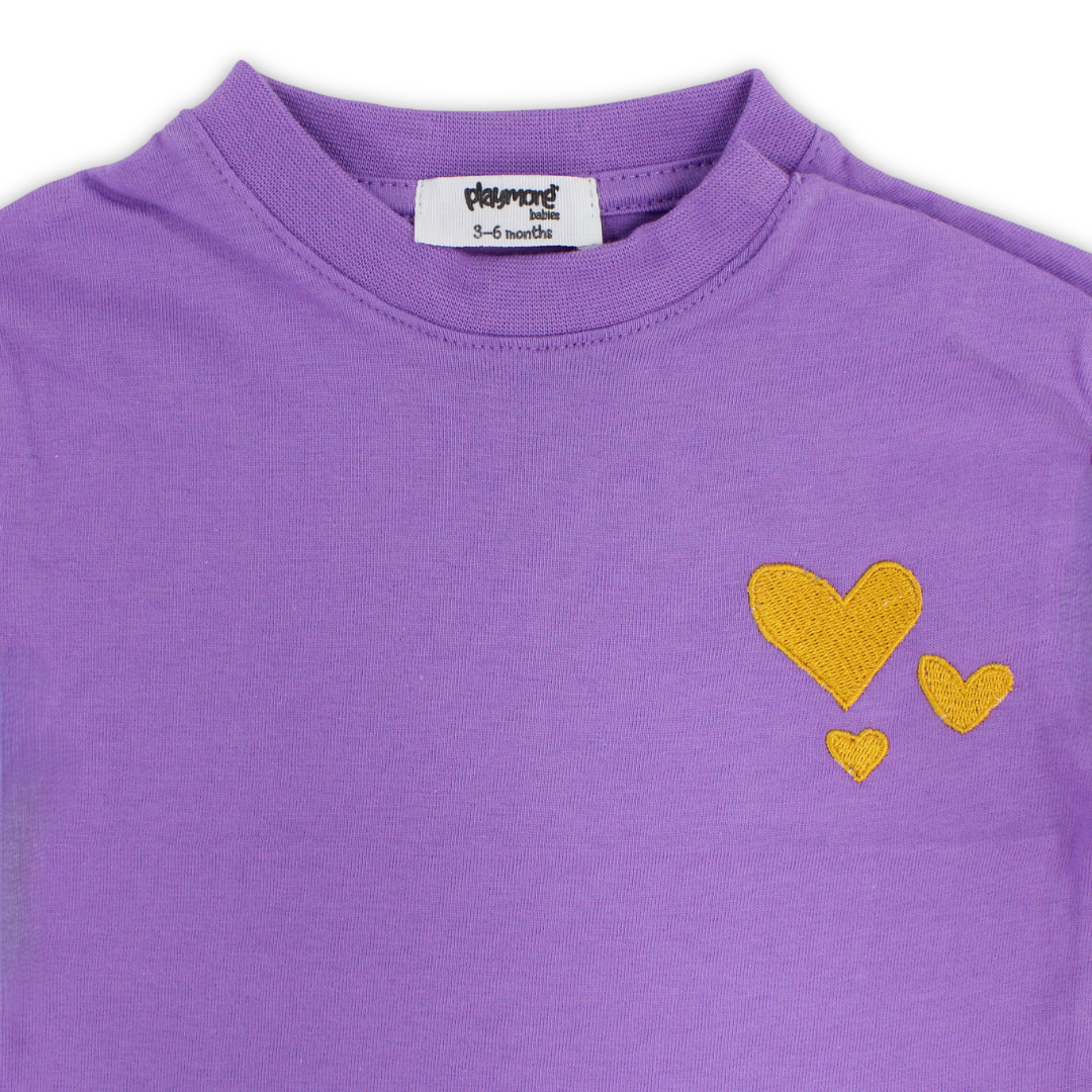 Baby Girls Cotton T-Shirt – Purple with Hearts Embroidery