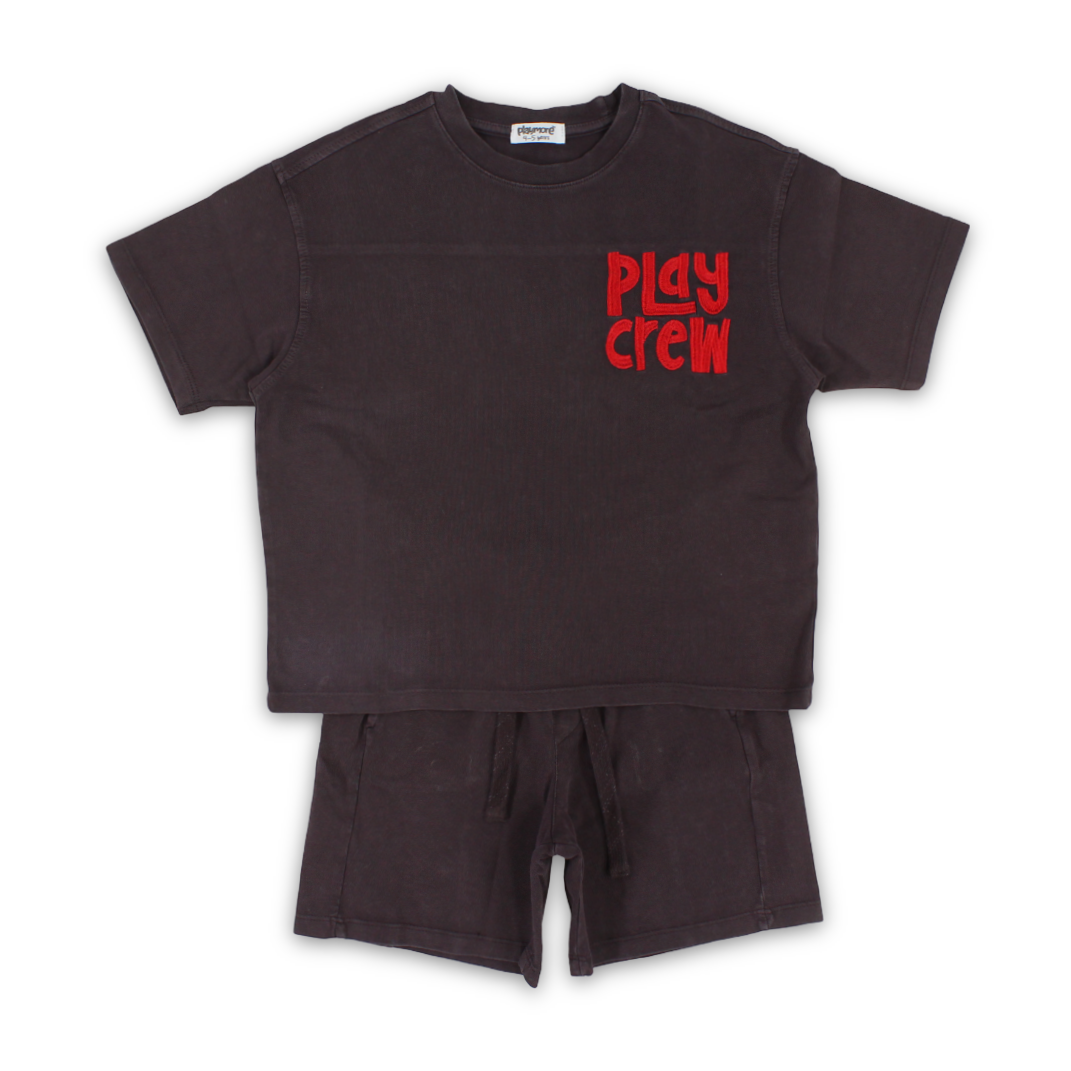 Boys Cotton Outfit Set – Brown with "Play Crew" Embroidery