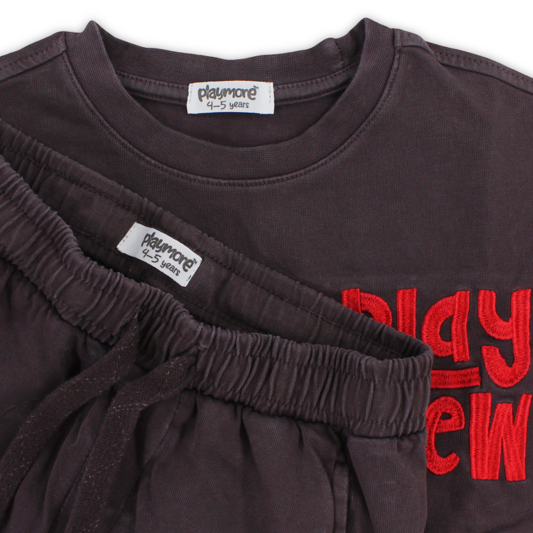 Boys Cotton Outfit Set – Brown with "Play Crew" Embroidery