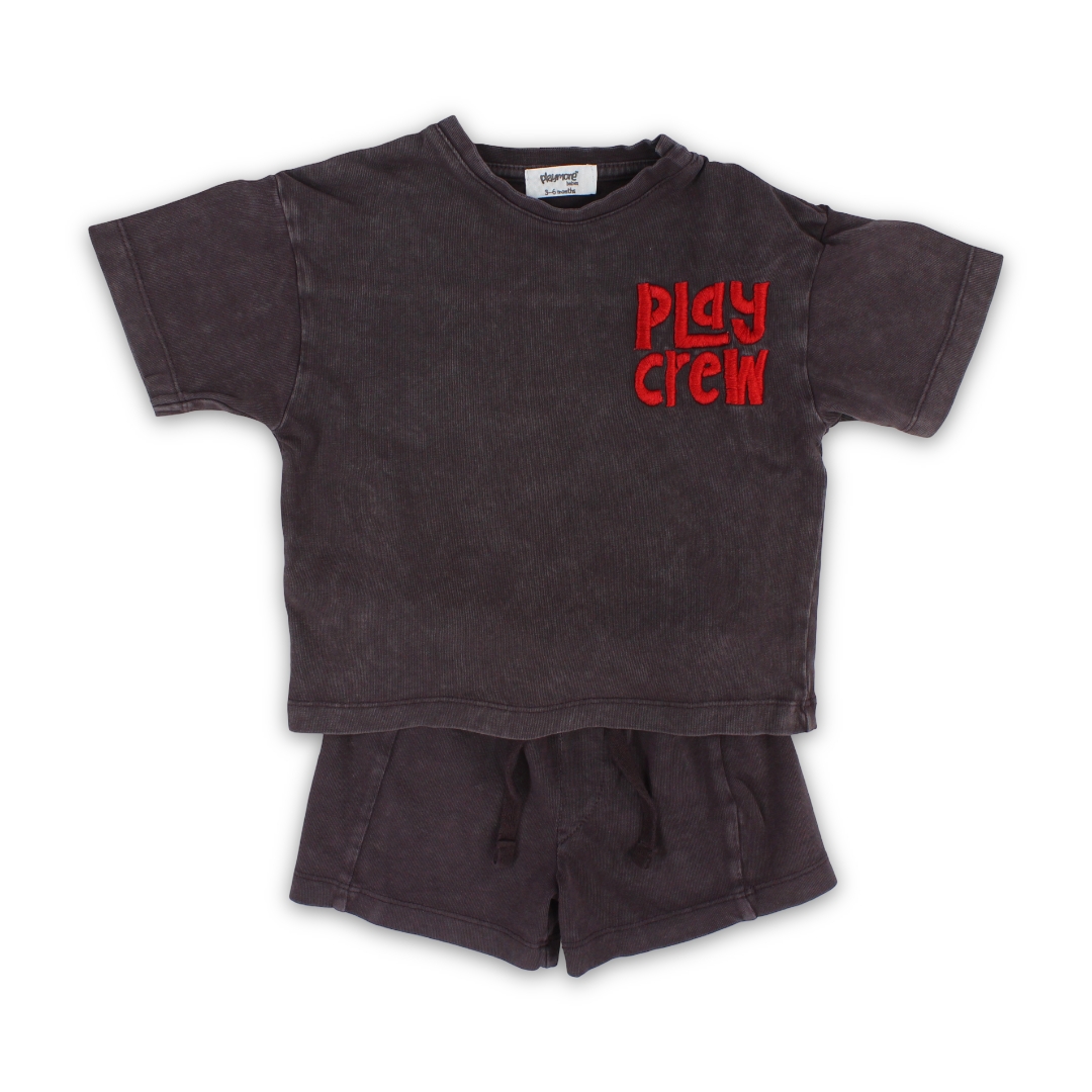 Baby Boys Cotton Outfit Set – Brown with "Play Crew" Embroidery