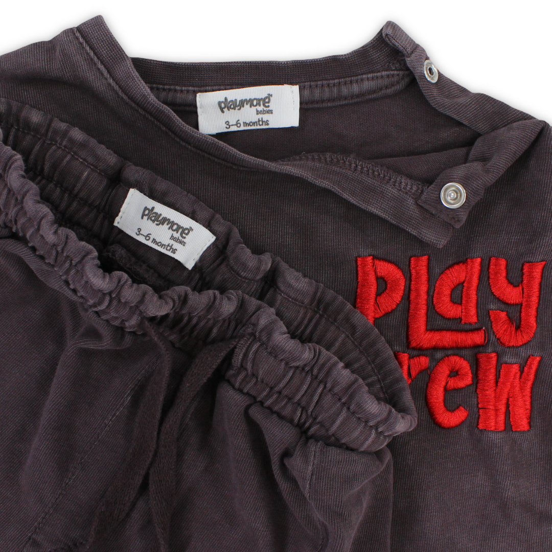 Baby Boys Cotton Outfit Set – Brown with "Play Crew" Embroidery