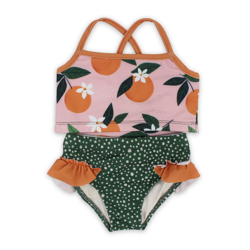 Baby Girls 2-Piece Swimsuit – Dusty Pink & Olive – Orange Print - Clothing - Playmore