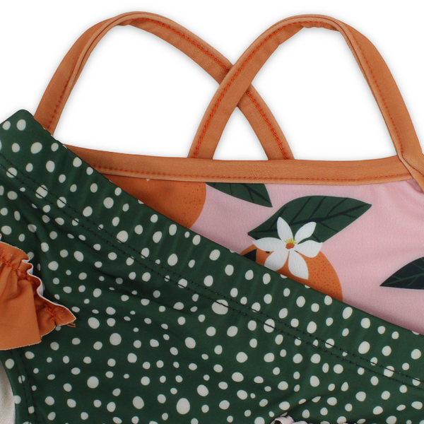 Baby Girls 2-Piece Swimsuit – Dusty Pink & Olive – Orange Print