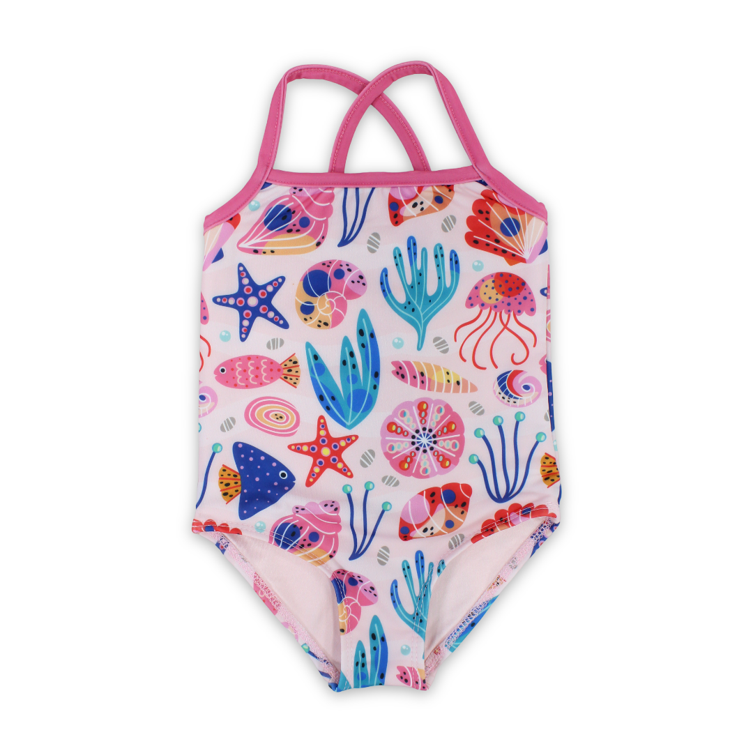 Baby Girls One-Piece Swimsuit – Pink with Sea Creatures Print - Clothing - Playmore
