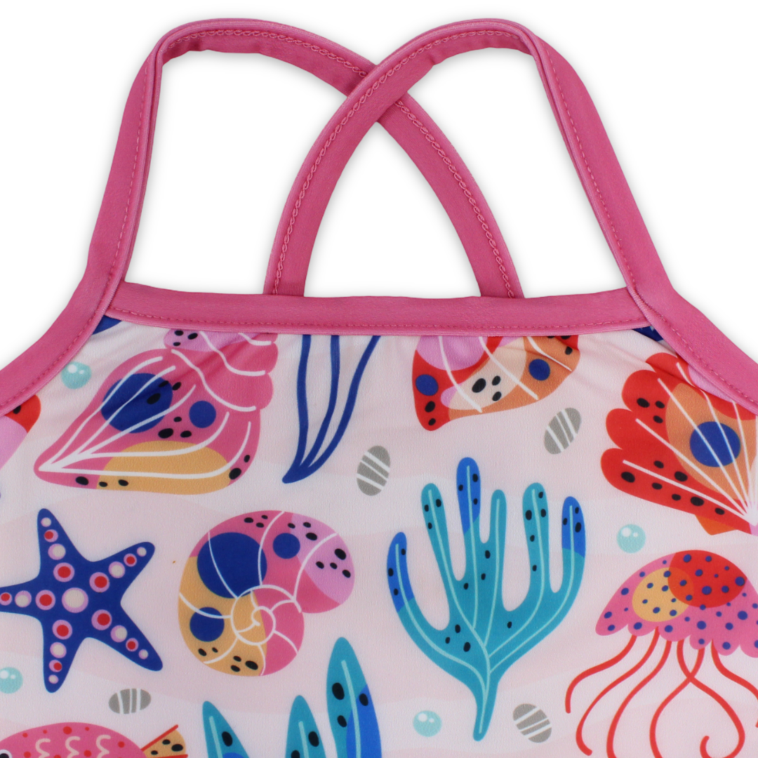 Baby Girls One-Piece Swimsuit – Pink with Sea Creatures Print