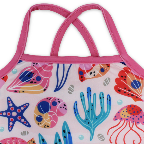 Baby Girls One-Piece Swimsuit – Pink with Sea Creatures Print