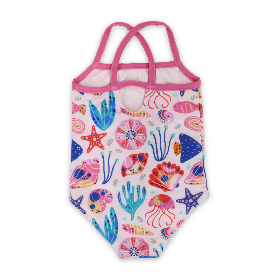 Baby Girls One-Piece Swimsuit – Pink with Sea Creatures Print