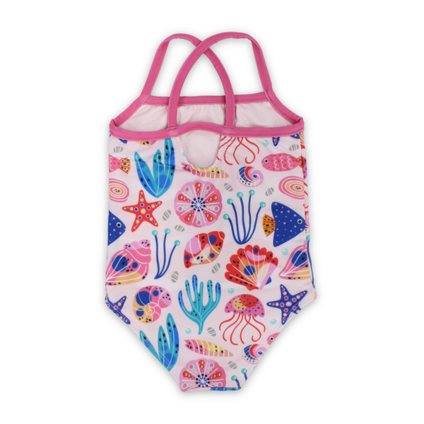 Baby Girls One-Piece Swimsuit – Pink with Sea Creatures Print