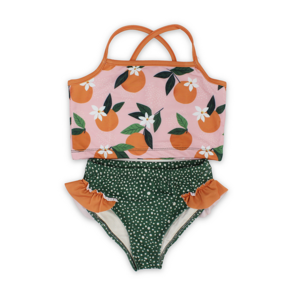 Girls 2-Piece Swimsuit – Dusty Pink & Olive – Orange Print