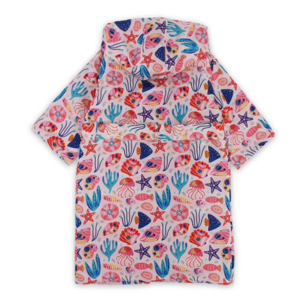 Girls Waterproof Swim Robe – Pink with Sea Creatures Print