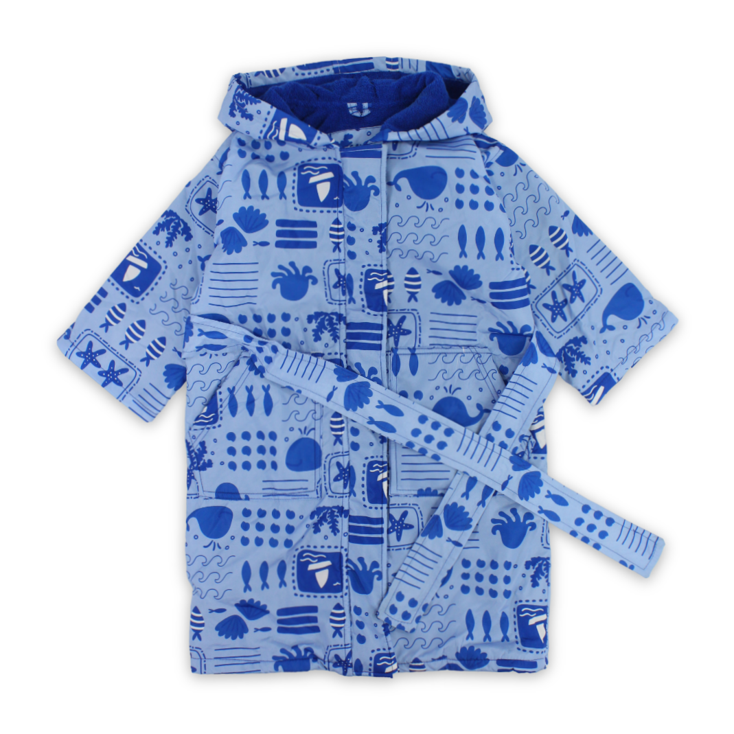 Boys Waterproof Swim Robe – Baby Blue with Sea Creatures Print
