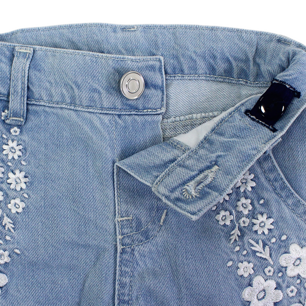 Baby Girls Denim Pants – Ice Blue with Flowers Embroidery