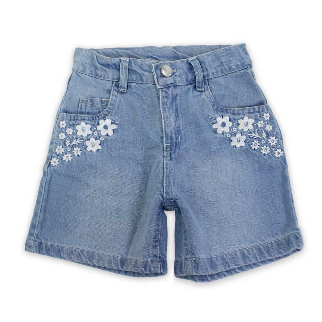 Girls Denim Short – Ice Blue with Flowers Embroidery