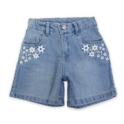 Girls Denim Short – Ice Blue with Flowers Embroidery