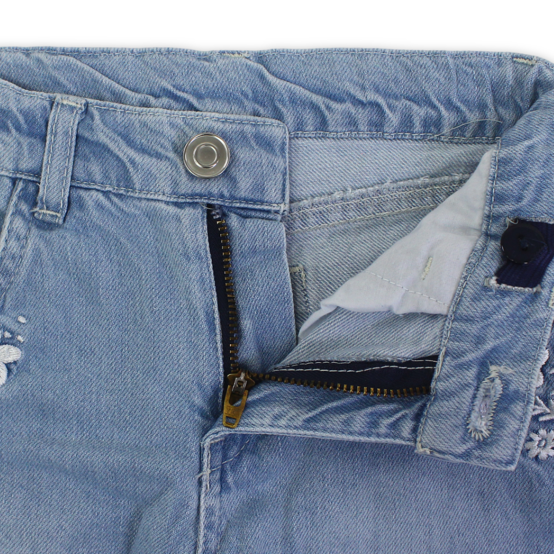 Girls Denim Short – Ice Blue with Flowers Embroidery
