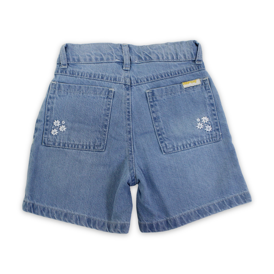 Girls Denim Short – Ice Blue with Flowers Embroidery